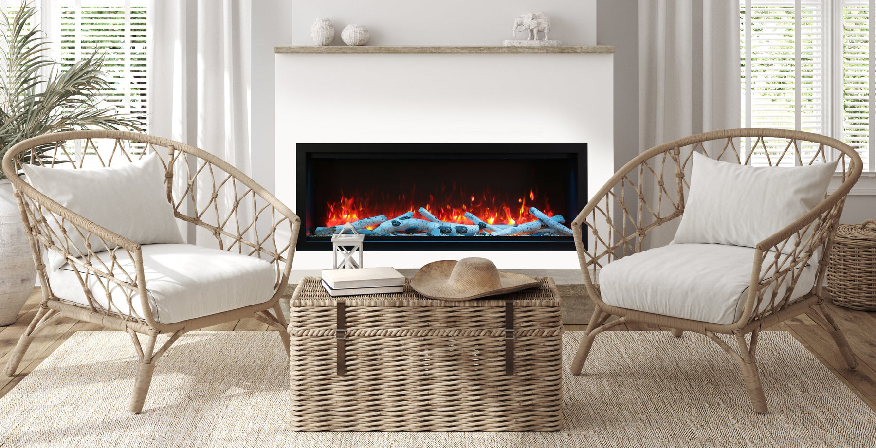 Amantii 60" Symmetry 3.0 Built-in Smart WiFi Electric Fireplace -SYM-60- Lifestyle Living Room With Concrete Fireplace