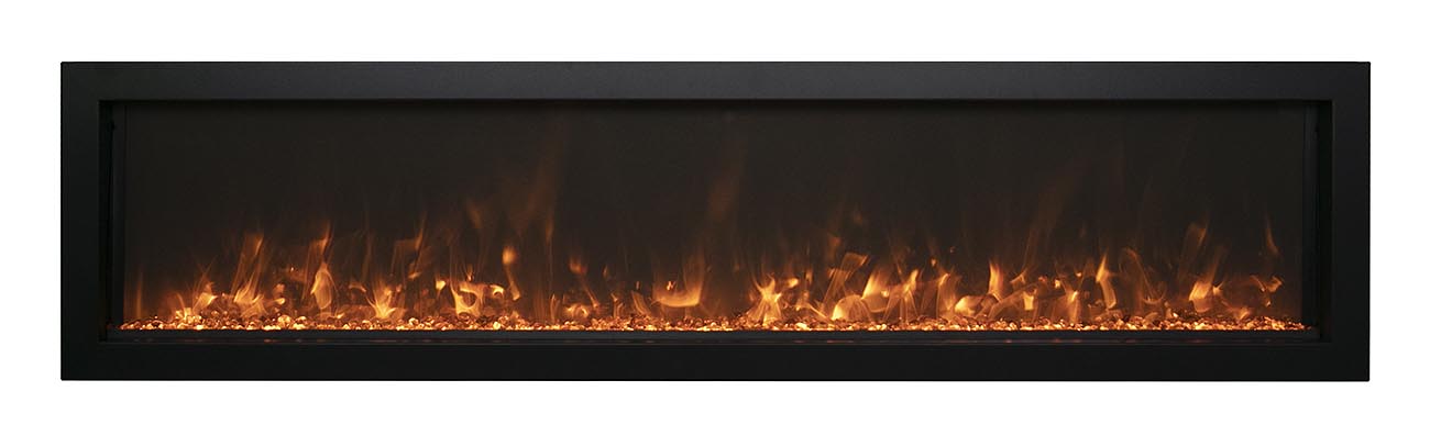 Remii by Amantii 65" Extra Slim Wall Mount Electric Fireplace with Black Steel Surround- WM-SLIM-65- Front View With Suntea Yellow Orange Flame