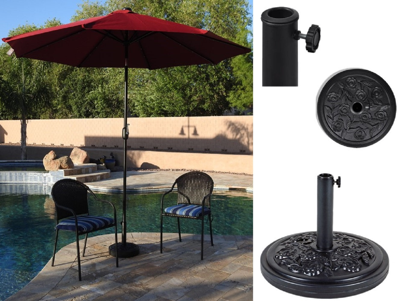 Hiland Solar Market Umbrella with Base - Red