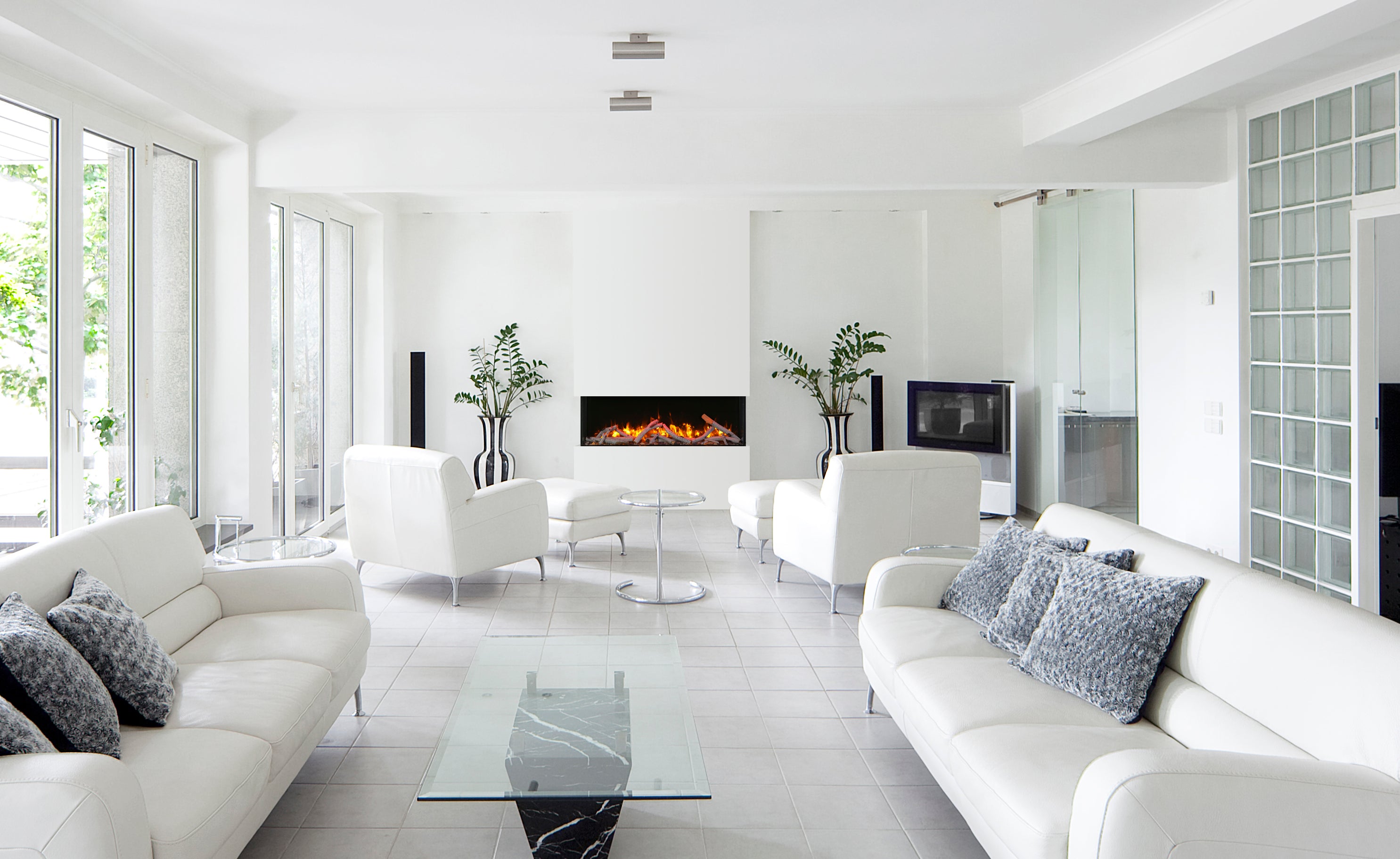 Remii by Amantii 50" BAY-SLIM Series 3 Sided Glass Electric Fireplace-50-BAY-SLIM- Lifestyle Living Room
