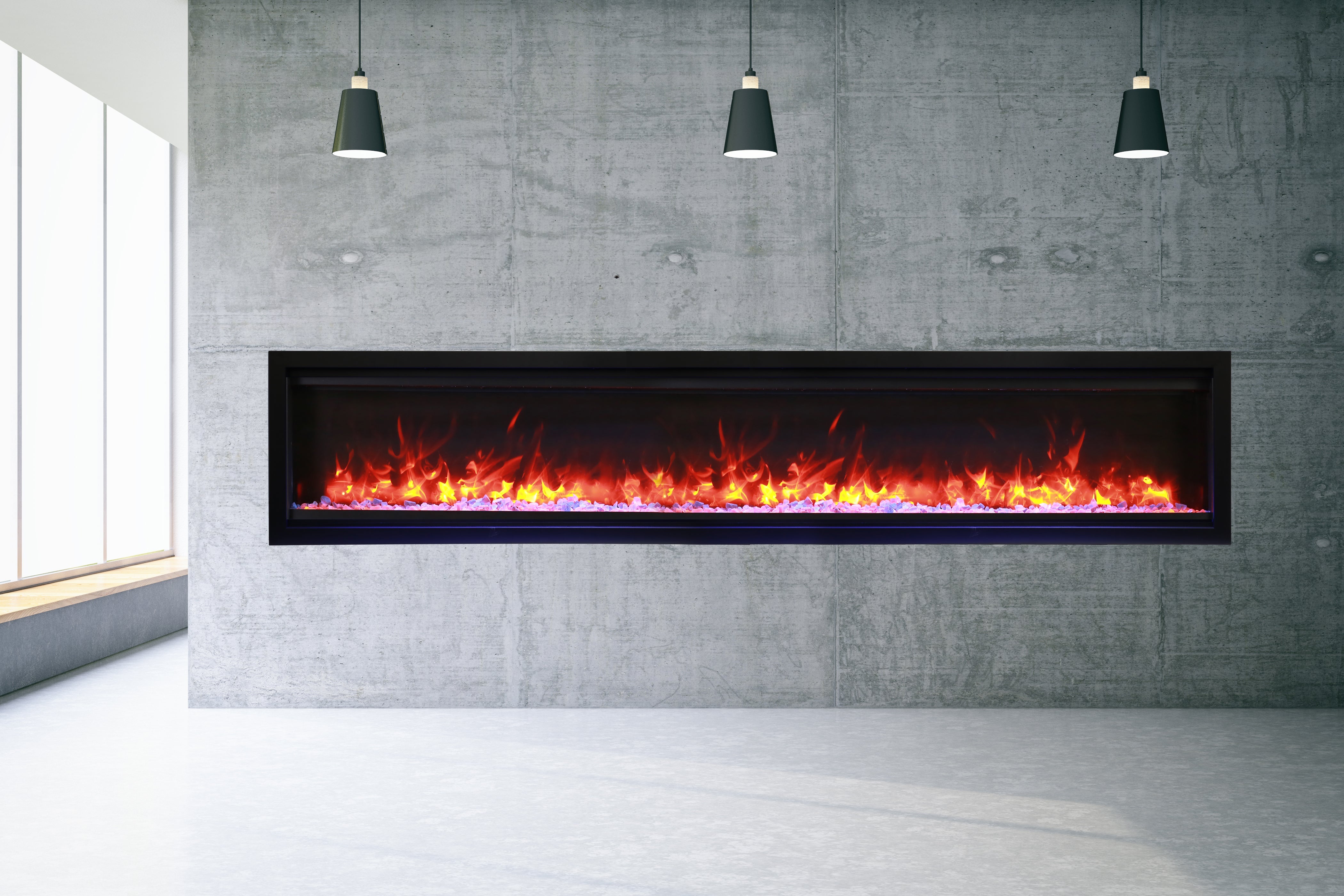 Amantii 100" Symmetry 3.0 Extra Tall Built-in Smart WiFi Electric Fireplace -SYM-100-XT- Lifestyle Concrete Wall
