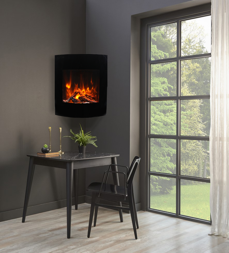 Amantii 24" Zero Clearance Electric Fireplace with Black Glass Surround and Log Set -WM-BI-2428-VLR-BG- Lifestyle Corner Wall
