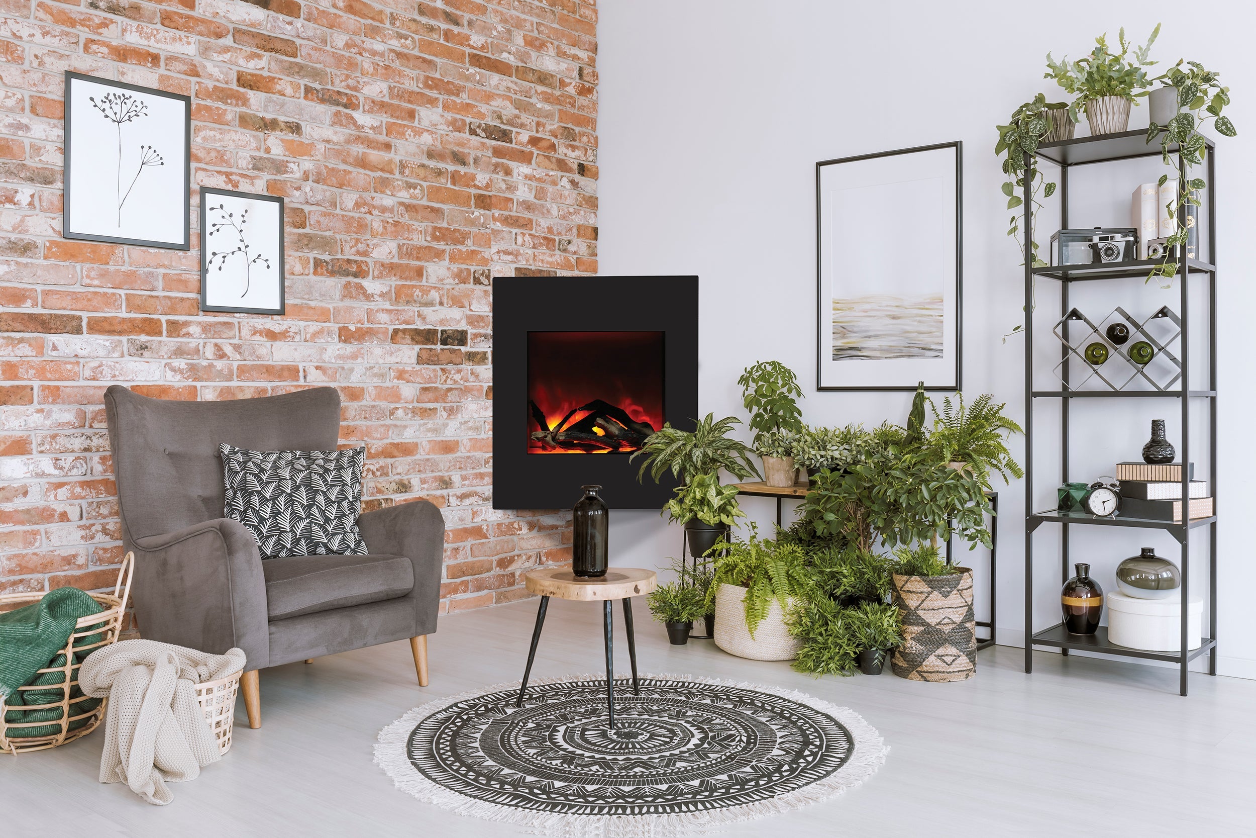 Amantii 24" Zero Clearance Electric Fireplace with Black Glass Surround and Log Set -WM-BI-2428-VLR-BG- Lifestyle Living Room