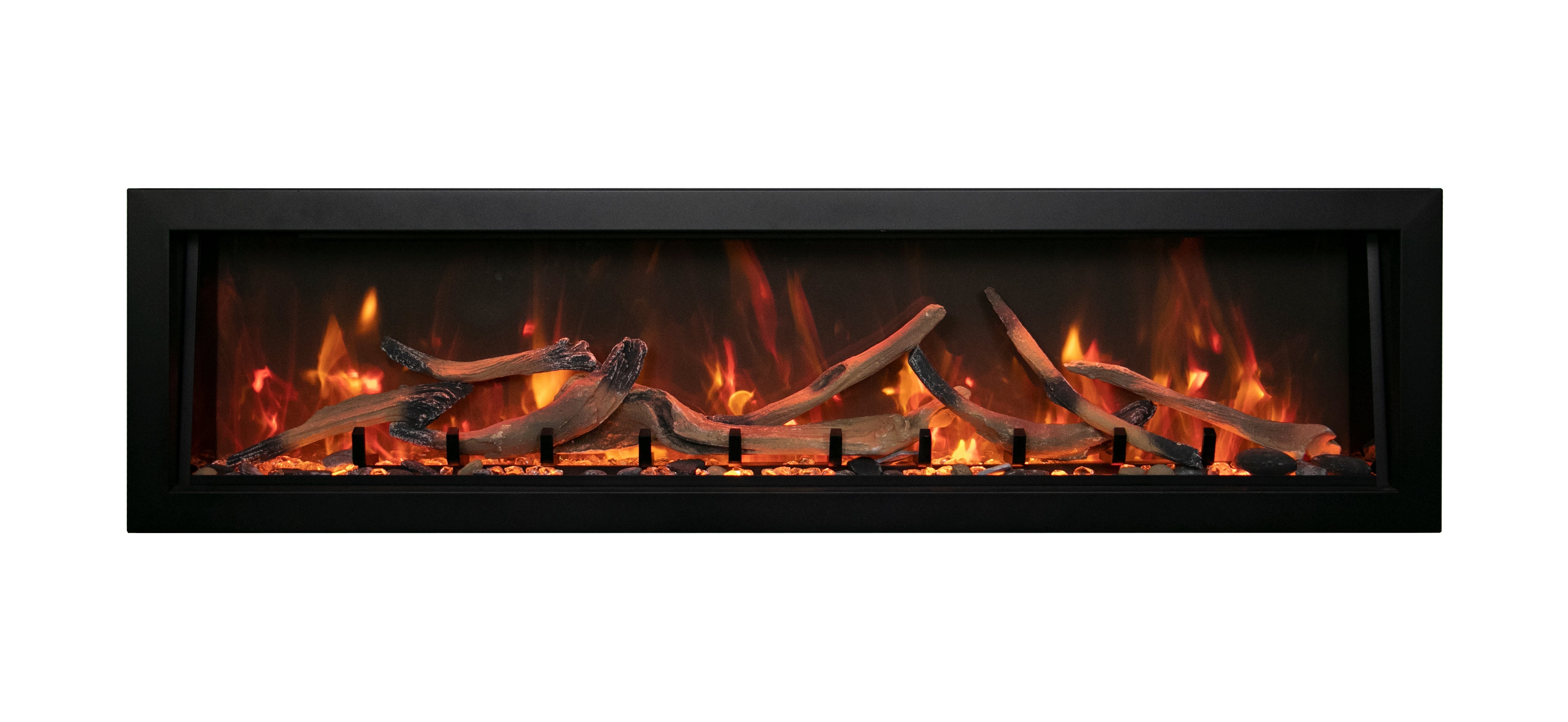 Amantii 40" Panorama Deep Indoor or Outdoor Electric Fireplace -BI-40-DEEP-OD- Front View With Logs With Yellow Orange Flame