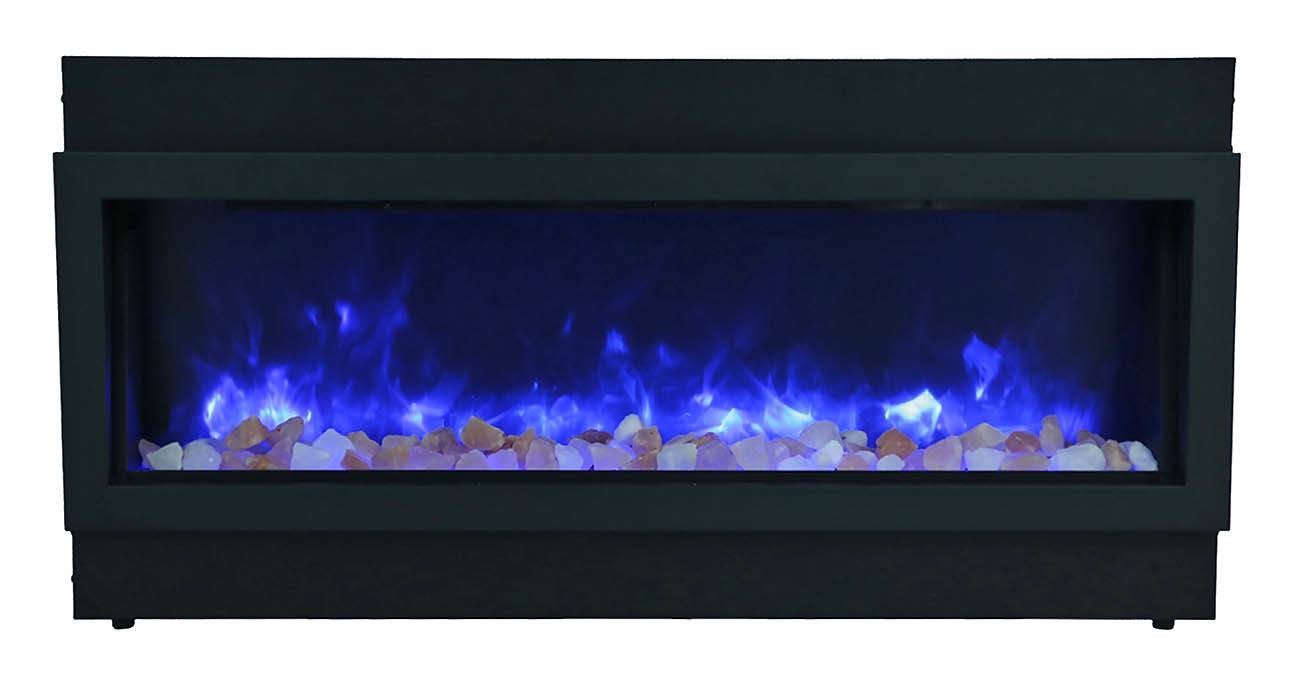 Amantii 50" Panorama Deep Indoor or Outdoor Electric Fireplace -BI-50-DEEP-OD- Front View With Fire Glass Blue Flame