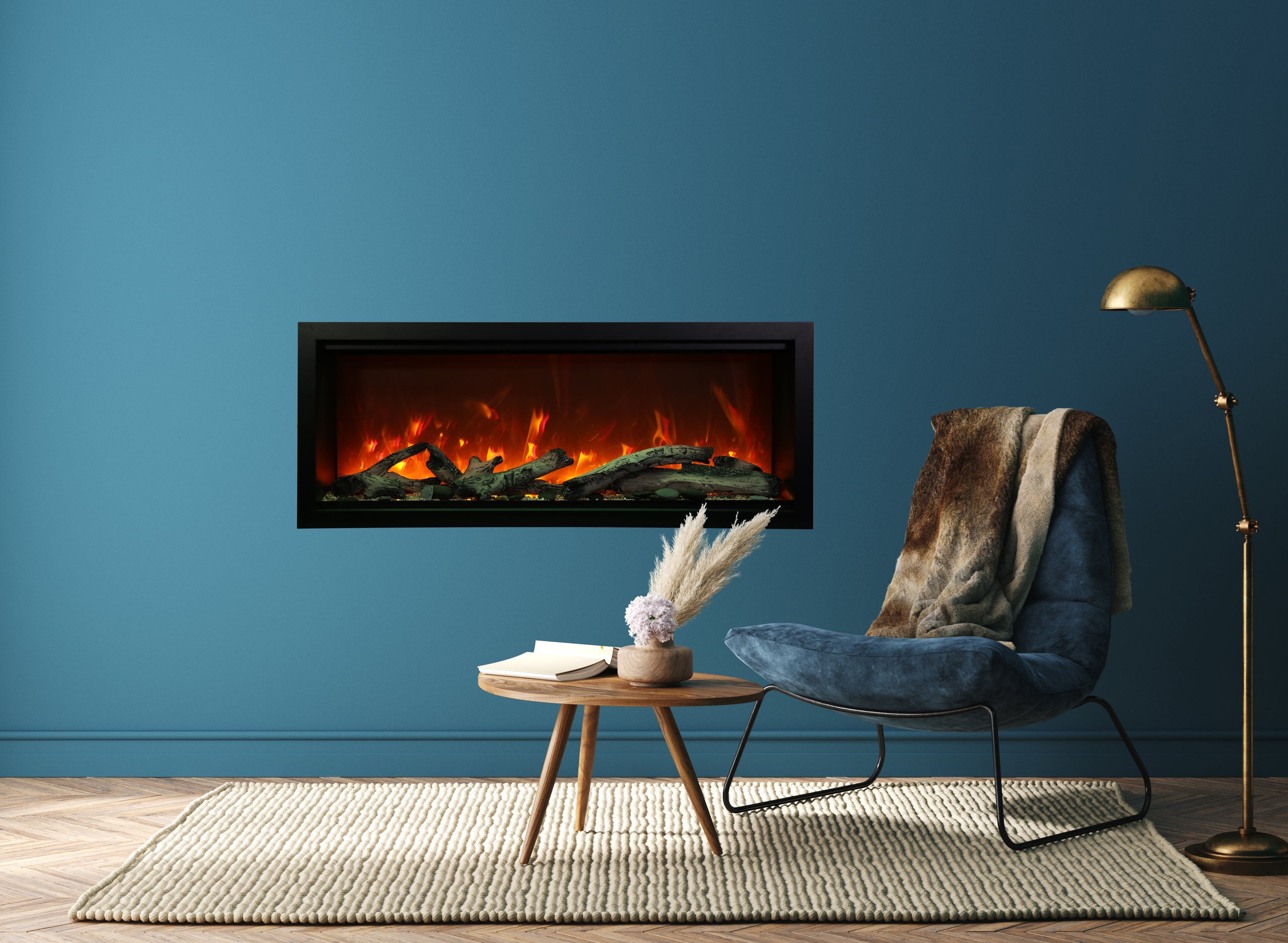Amantii 50" Symmetry Bespoke Built-In Electric Fireplace with Wifi and Sound -SYM-50-BESPOKE- Lifestyle Heating Room With Concrete Wall Fireplace