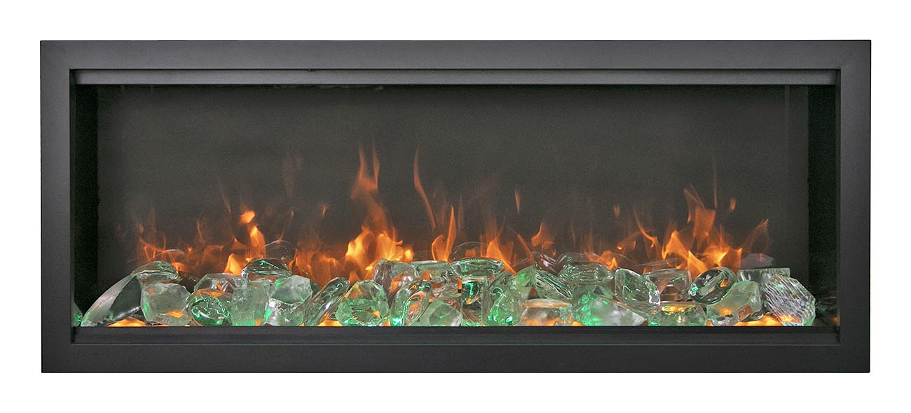 Amantii 50" Symmetry Bespoke Extra Tall Electric Fireplace -SYM-50-XT-BESPOKE- Front View With Fire Glass Green Flame