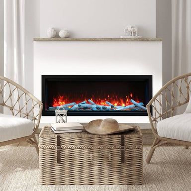 Amantii 50" Symmetry Bespoke Extra Tall Electric Fireplace -SYM-50-XT-BESPOKE- Lifestyle Living Room With White Concrete Fireplace