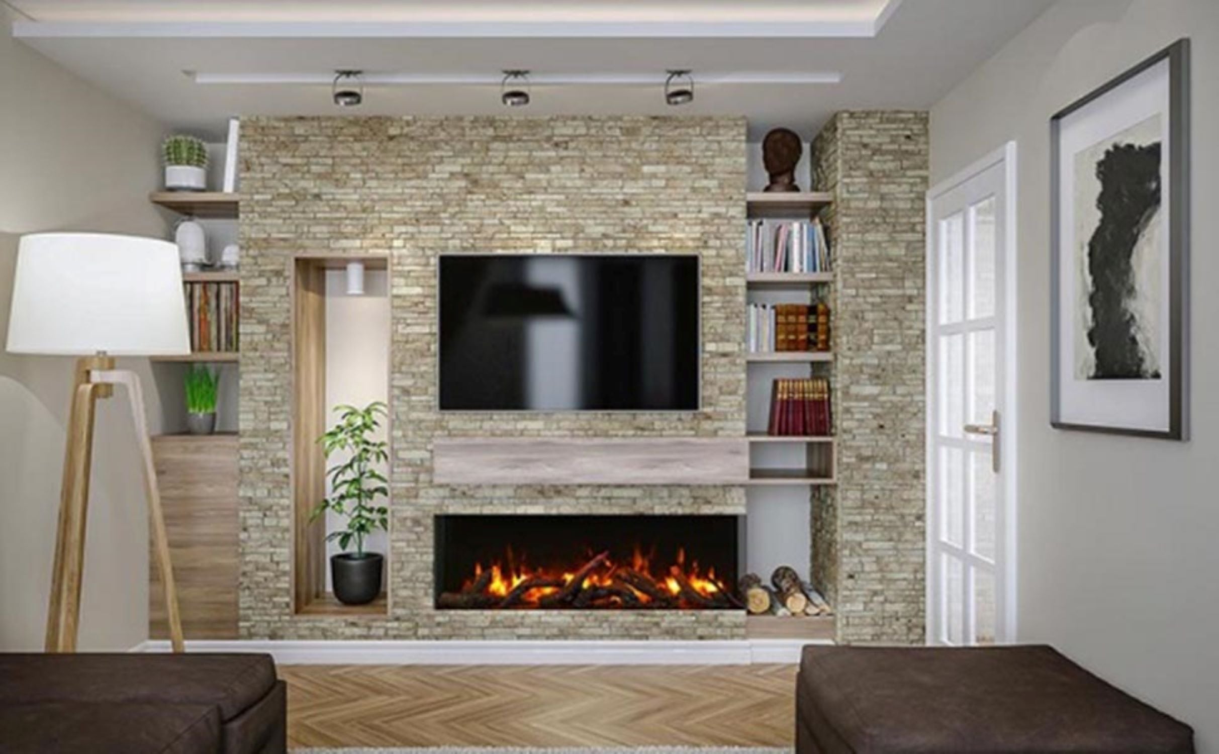 Amantii 50" Tru-View XL XT Three Sided Electric Fireplace -50-TRV-XT-XL- Lifestyle Living Room Brick Fireplace