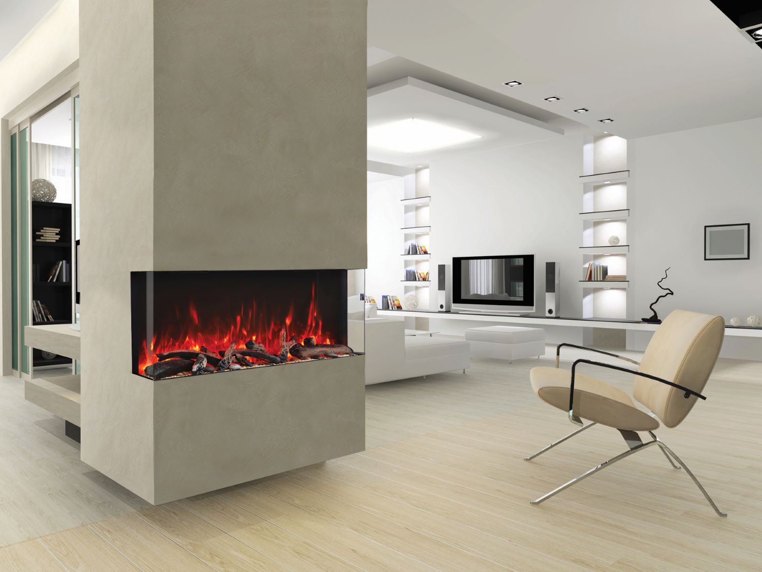 Amantii 50" Tru-View XL XT Three Sided Electric Fireplace -50-TRV-XT-XL- Lifestyle Living Room Fireplace Concrete Division