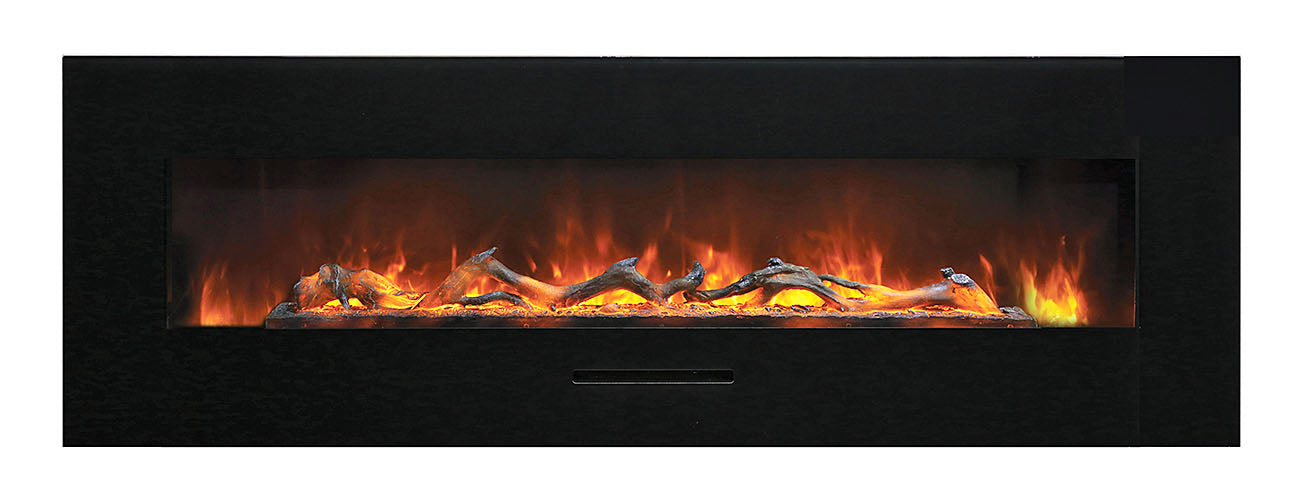 Amantii 50" Wall Mount/Flush Mount Electric Fireplace with Glass Surround -WM-FM-50-BG-3- Front View With Log Flames