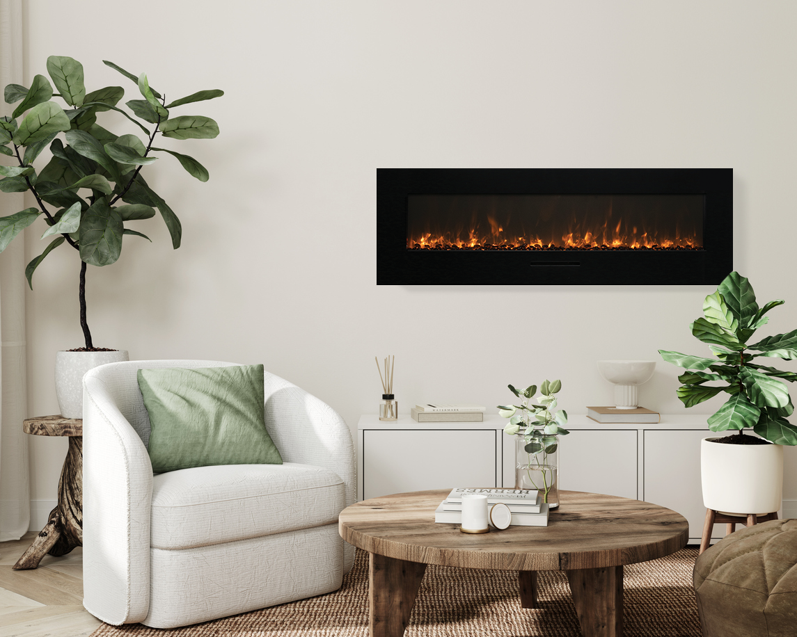 Amantii 50" Wall Mount/Flush Mount Electric Fireplace with Glass Surround -WM-FM-50-BG-3- Lifestyle Living Room White Wall Mount