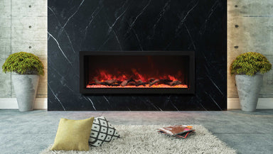 Amantii 60" Panorama Deep Extra Tall Electric Fireplace -BI-60-DEEP-XT- Lifestyle Living Room With Black Wall Built in Electric Fireplace