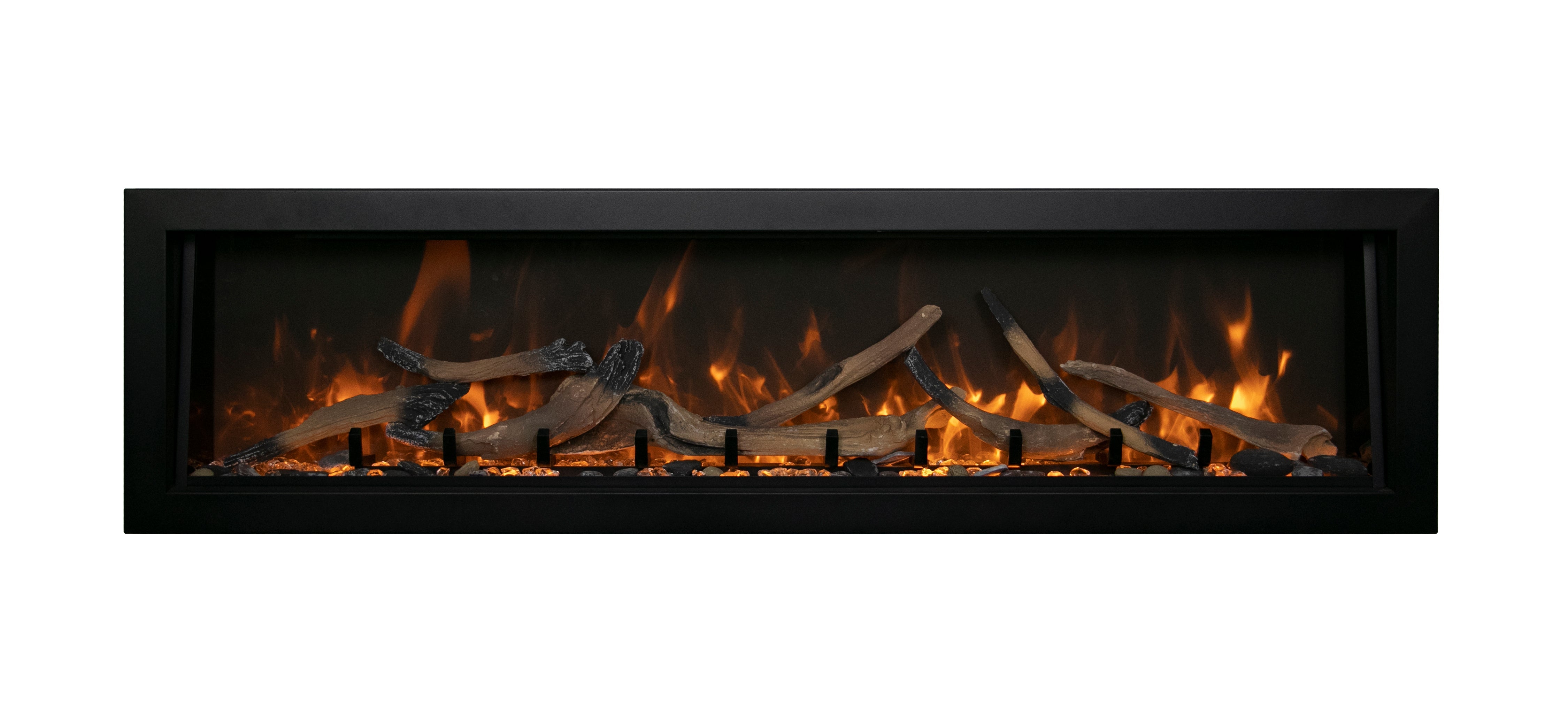 Amantii 60" Panorama Deep Indoor or Outdoor Electric Fireplace -BI-60-DEEP-OD- Front View With Logs Yellow Flame