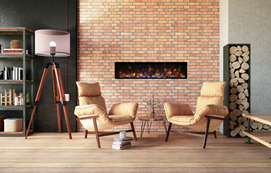 Amantii 60" Panorama Deep Indoor or Outdoor Electric Fireplace -BI-60-DEEP-OD- Lifestyle Coffee Table With Brick Built in Electric Fireplace