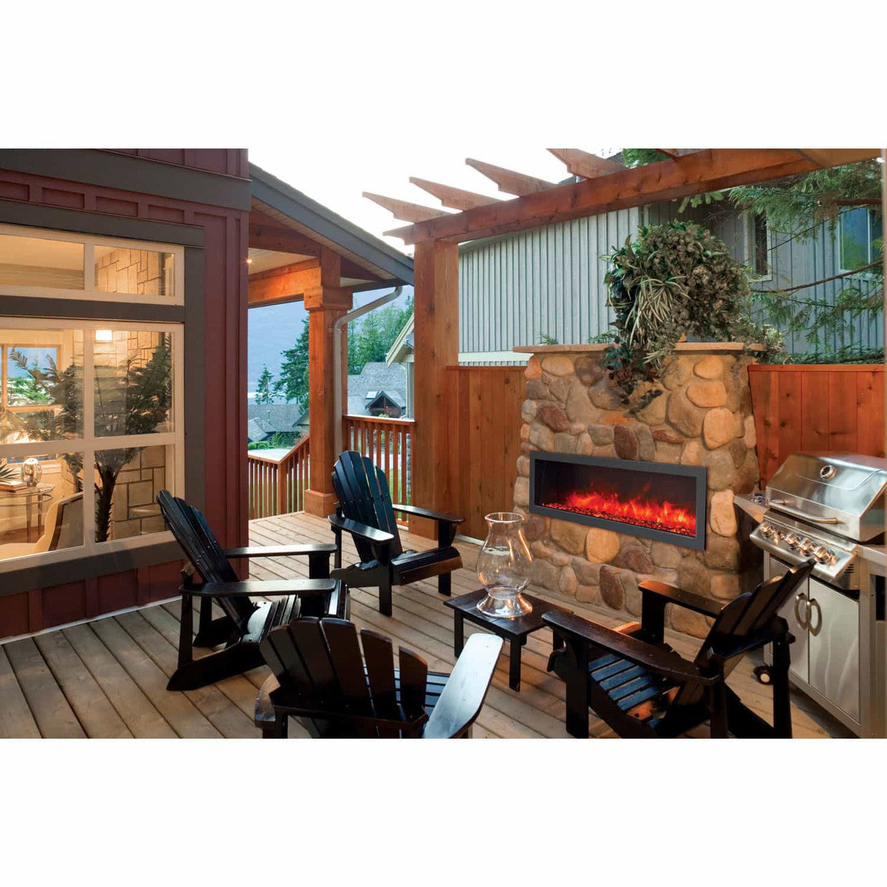 Amantii 60" Panorama Slim Indoor or Outdoor Electric Fireplace BI-60-SLIM-OD- Lifestyle Terrace With Stone Wall Fireplace