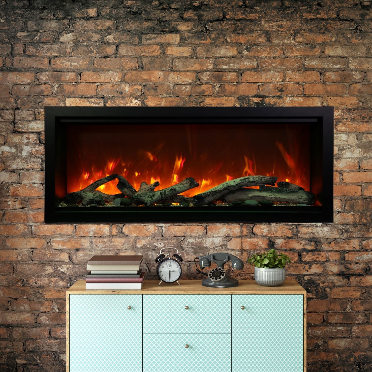 Amantii 60" Symmetry 3.0 Extra Tall Built-in Smart WiFi Electric Fireplace -SYM-60-XT- Lifestyle Brick Wall