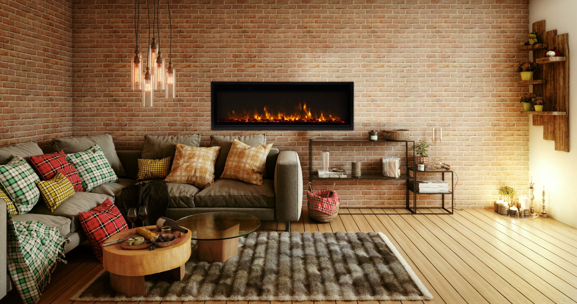 Amantii 60" Symmetry 3.0 Xtra Slim Smart WiFi Electric Fireplace -SYM-SLIM-60- Lifestyle Brick Wall Mount