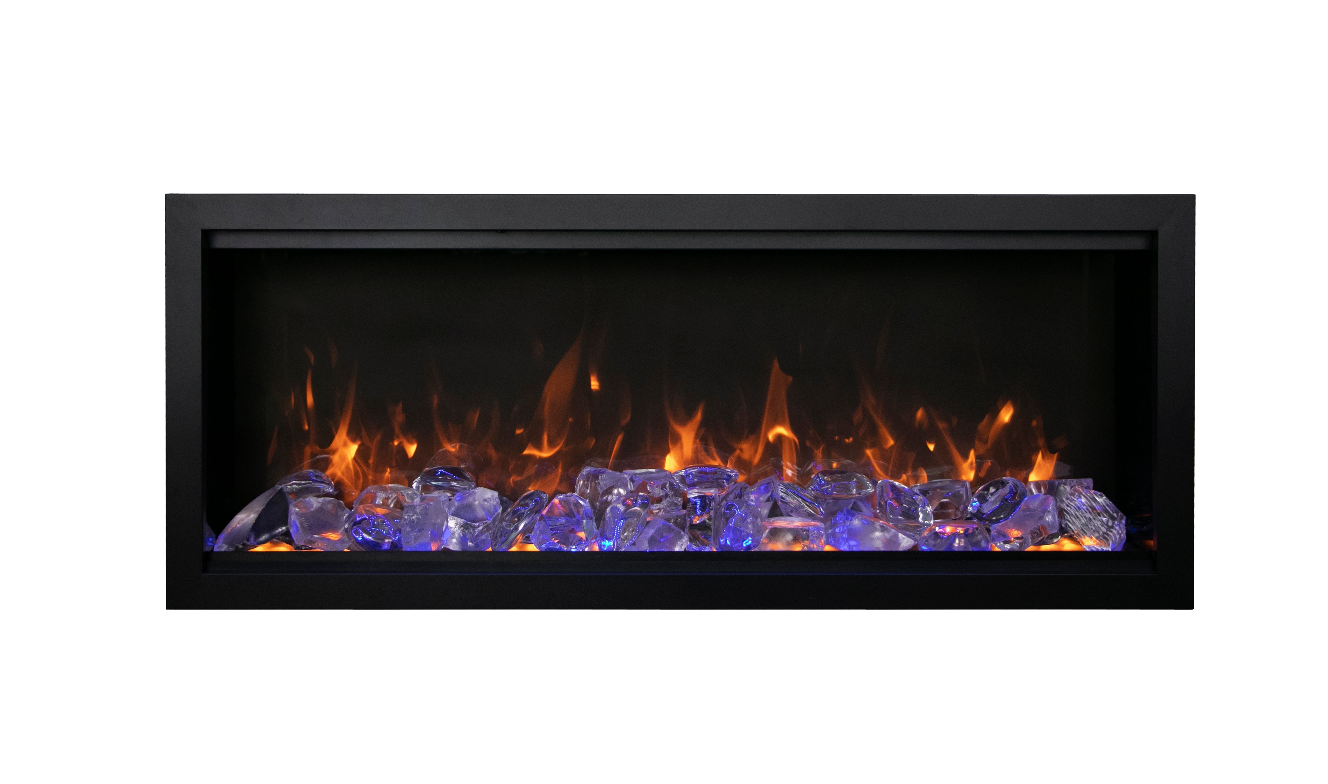 Amantii 60" Symmetry Bespoke Built-In Electric Fireplace with Wifi and Sound -SYM-60-BESPOKE- Front View With Fire Glass Violet Flame