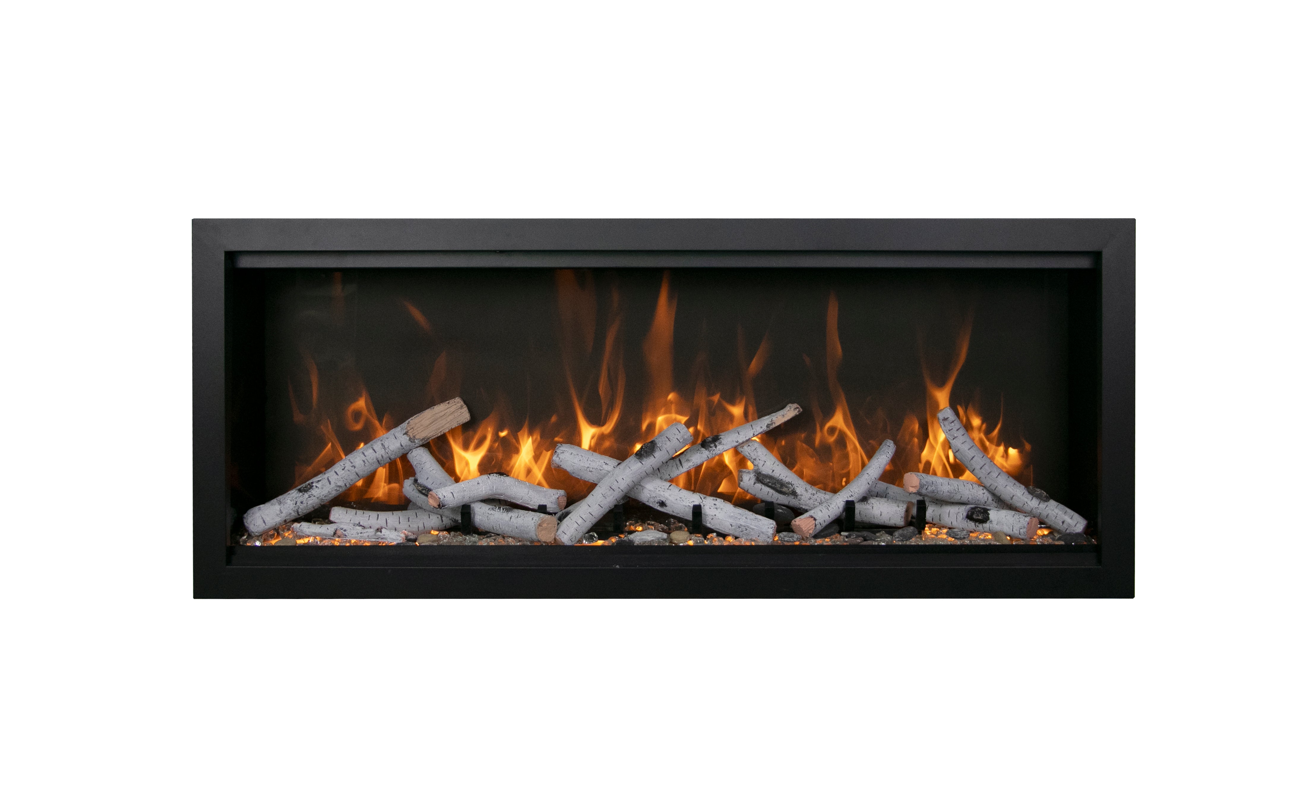 Amantii 60" Symmetry Bespoke Built-In Electric Fireplace with Wifi and Sound -SYM-60-BESPOKE- Front View With Logs Yellow Flame