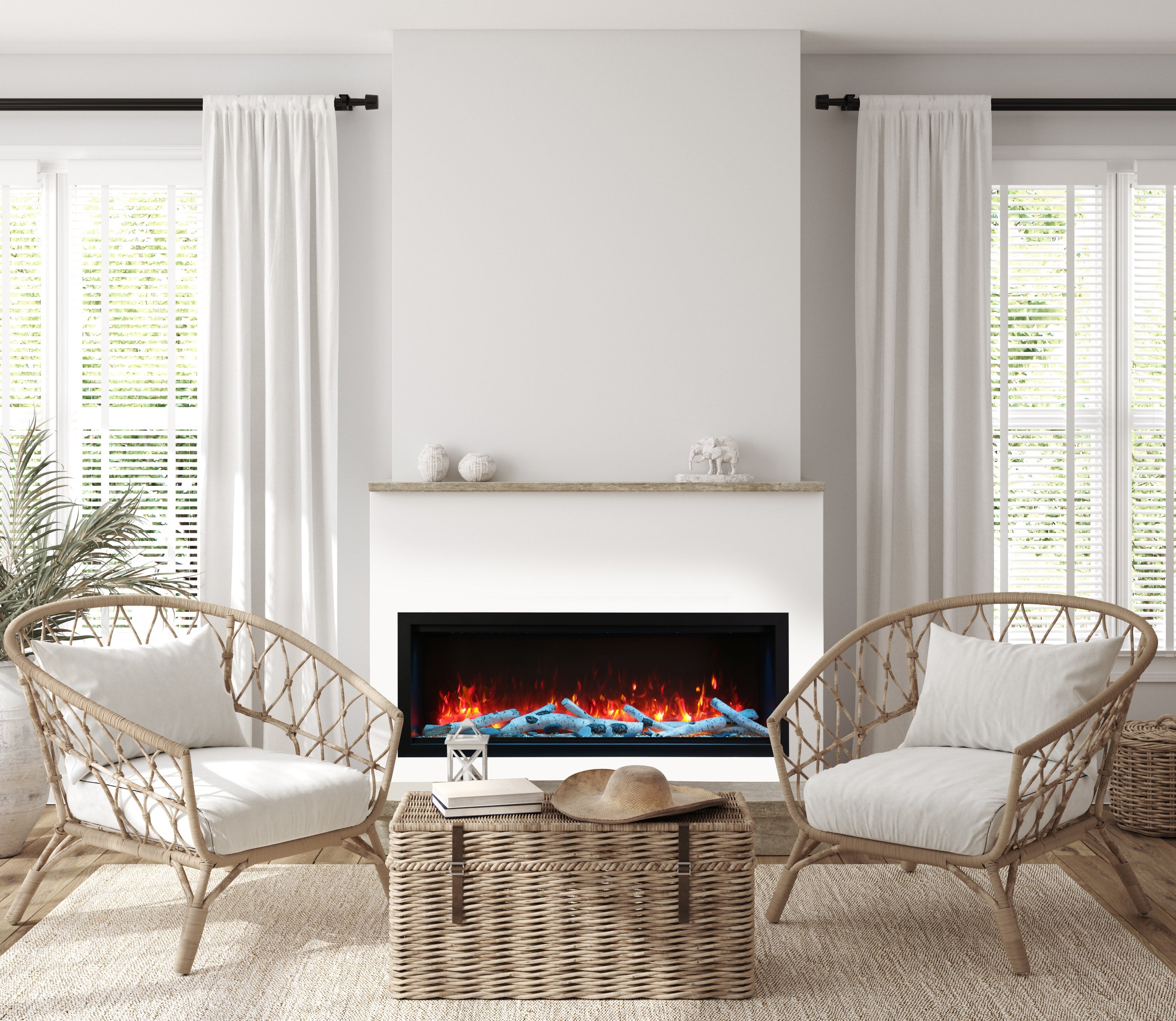 Amantii 60" Symmetry Bespoke Extra Tall Electric Fireplace -SYM-60-XT-BESPOKE- Lifestyle Living Room Concrete White Wall Fireplace