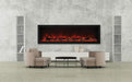 Amantii 72" Panorama Deep Extra Tall Electric Fireplace -BI-72-DEEP-XT- Lifestyle Lounge With Built in Electric Fire Concrete Wall