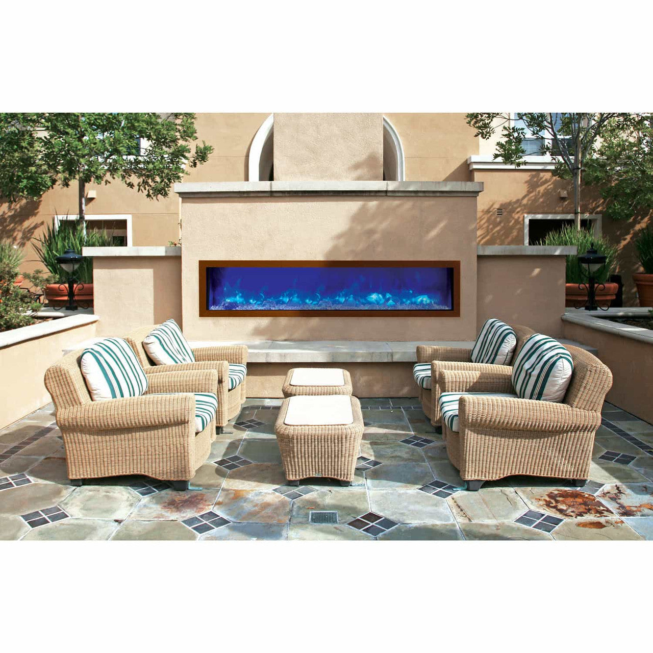 Amantii 72" Panorama Slim Indoor or Outdoor Electric Fireplace -BI-72-SLIM-OD- Lifestyle Patio With Fireplace Concrete Wall