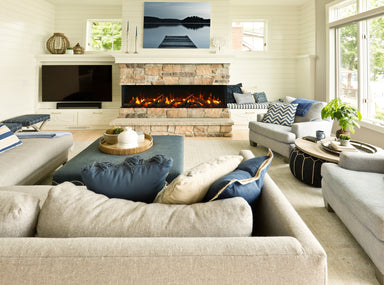 Amantii 72" Tru-View XL XT Three Sided Electric Fireplace -72-TRV-XT-XL- Lifestyle Living Room Brick Fireplace