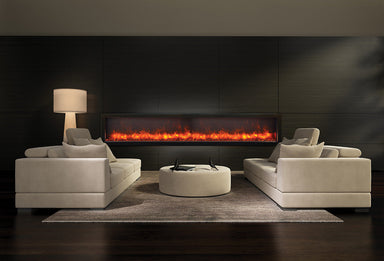 Amantii 88" Panorama Deep Indoor or Outdoor Electric Fireplace -BI-88-DEEP-OD- Lifestyle Living Room With Black Wall Electric Fireplace
