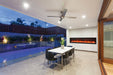 Amantii 88" Panorama Slim Indoor or Outdoor Electric Fireplace -BI-88-SLIM-OD- Lifestyle Patio With Pool 
