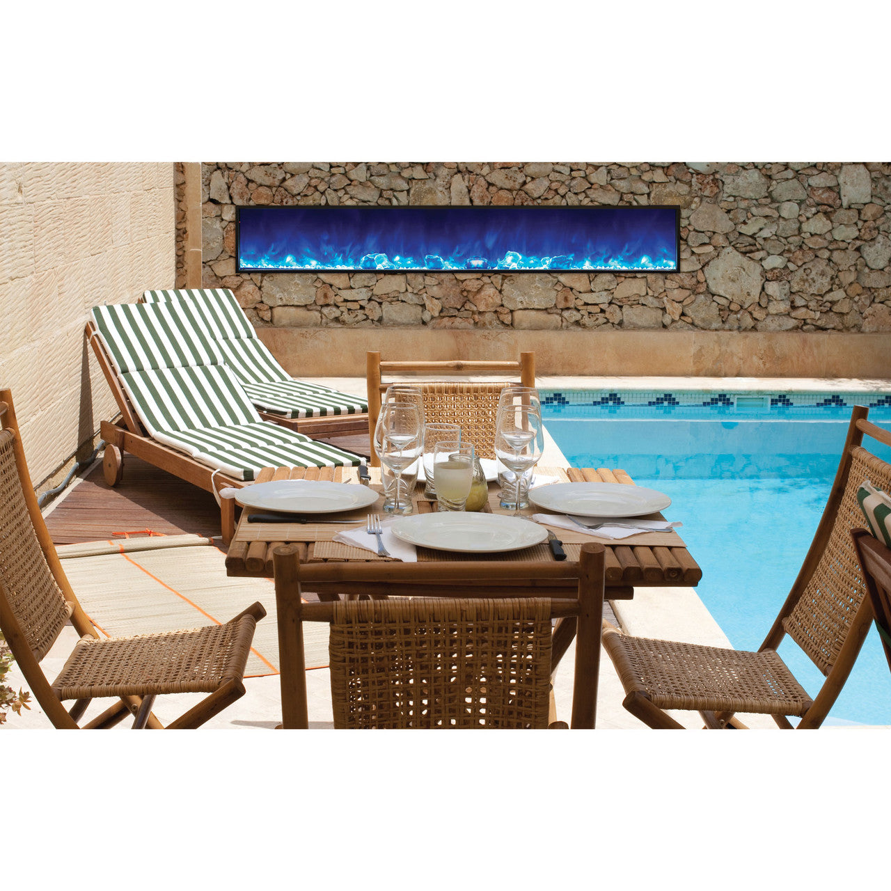 Amantii 88" Panorama Slim Indoor or Outdoor Electric Fireplace -BI-88-SLIM-OD- Lifestyle Pool With Fireplace Stone Wall