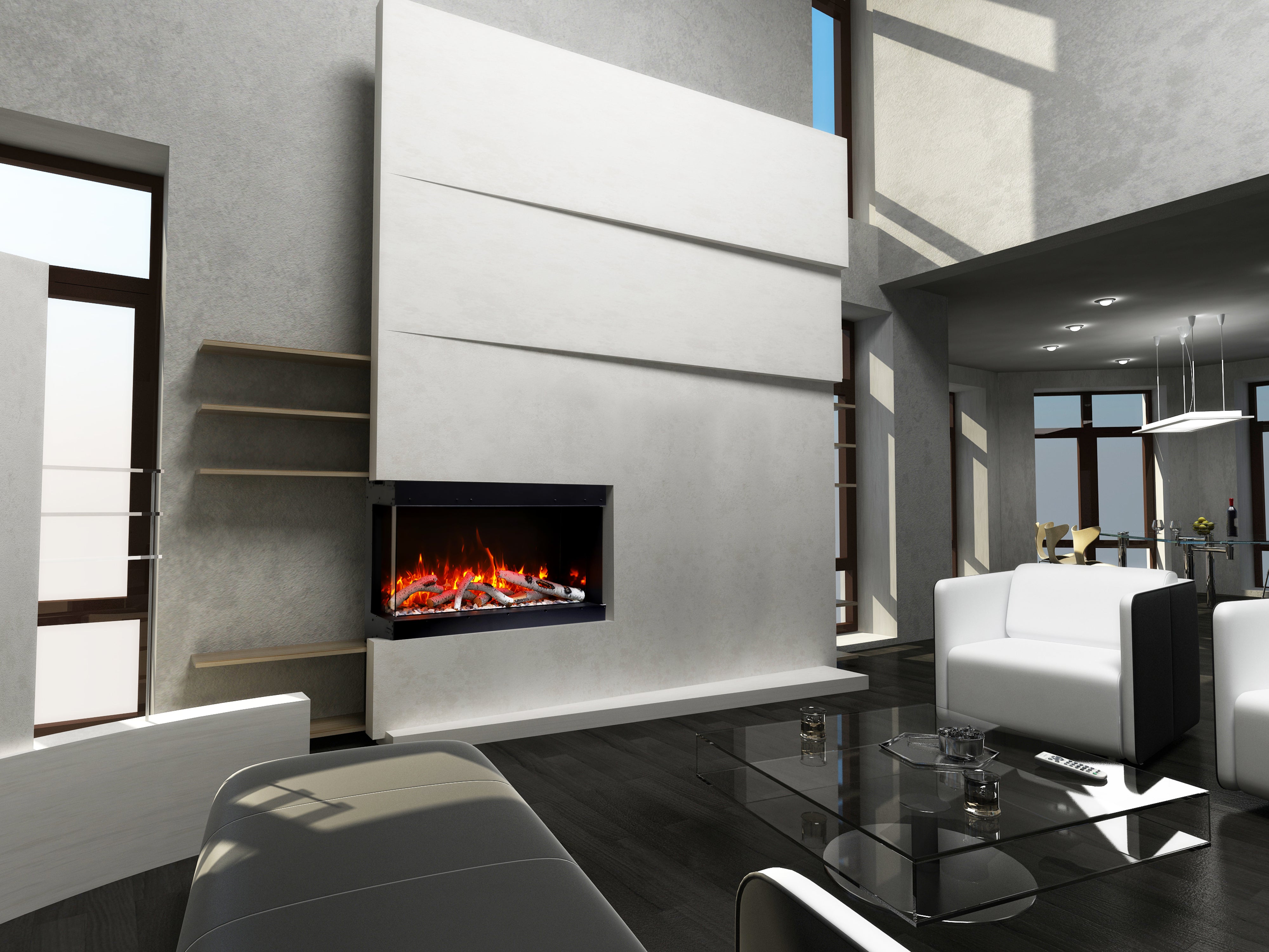 Amantii 88" Tru-View XL XT Three Sided Electric Fireplace -88-TRV-XT-XL- Lifestyle Living Room Concrete Wall Fireplace