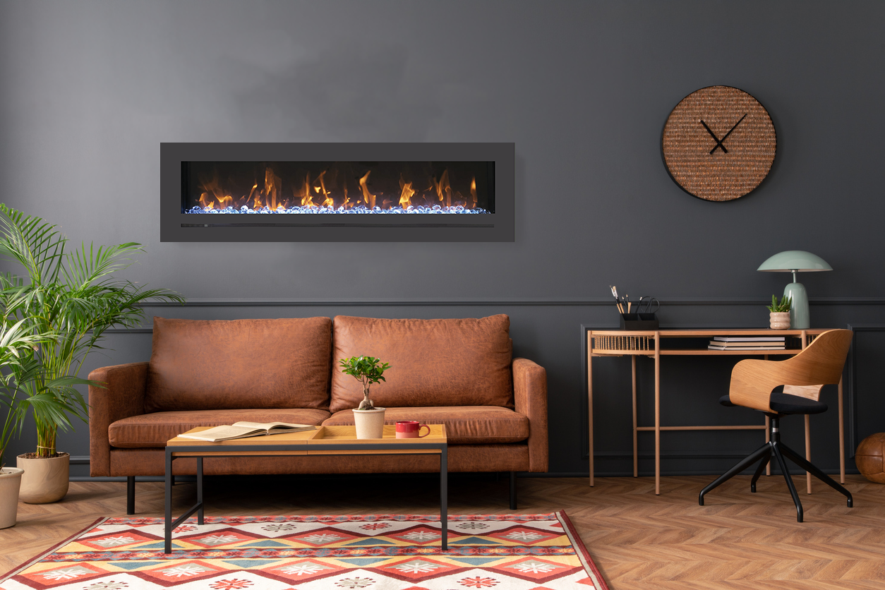 Amantii 88" Wall Mount/Flush Mount Electric Fireplace with Glass Surround -WM-FM-88-10023-BG- Lifestyle Living Room Gray Wall