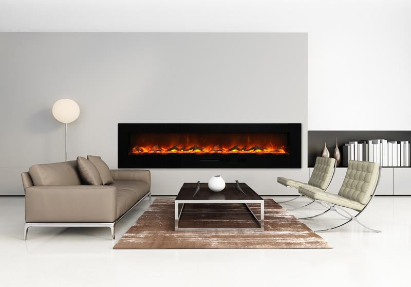 Amantii 88" Wall Mount/Flush Mount Electric Fireplace with Glass Surround -WM-FM-88-10023-BG- Lifestyle Living Room White Wall