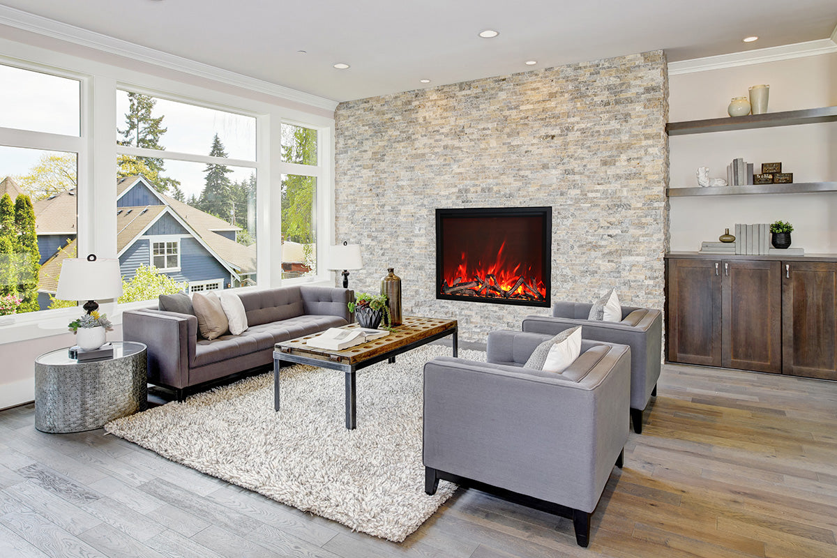 Amantii TRD 48" Traditional Series Built-In Electric Fireplace -TRD-48- Lifestyle  Living Room Brick Wall