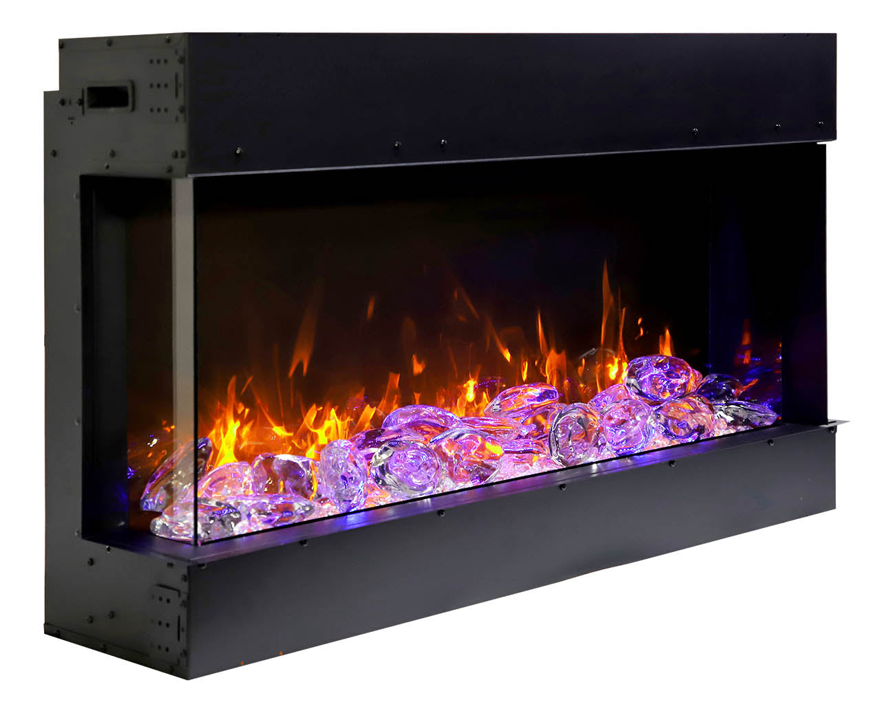 Amantii Tru-View 30" Three Sided Slim Glass Electric Fireplace -30-TRV-slim- Right View With Fire Glass Violet Flame