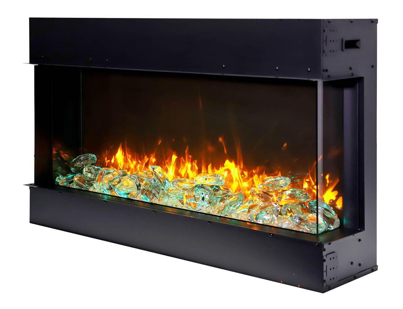 Amantii Tru-View 40" Three Sided Slim Glass Electric Fireplace -40-TRV-slim- Left View With Fire Glass Blue Flame