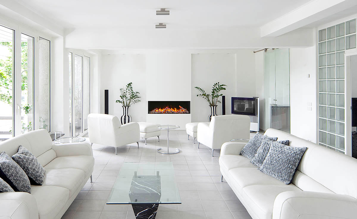Amantii Tru-View 40" Three Sided Slim Glass Electric Fireplace -40-TRV-slim- Lifestyle Living Room Concrete White Wall