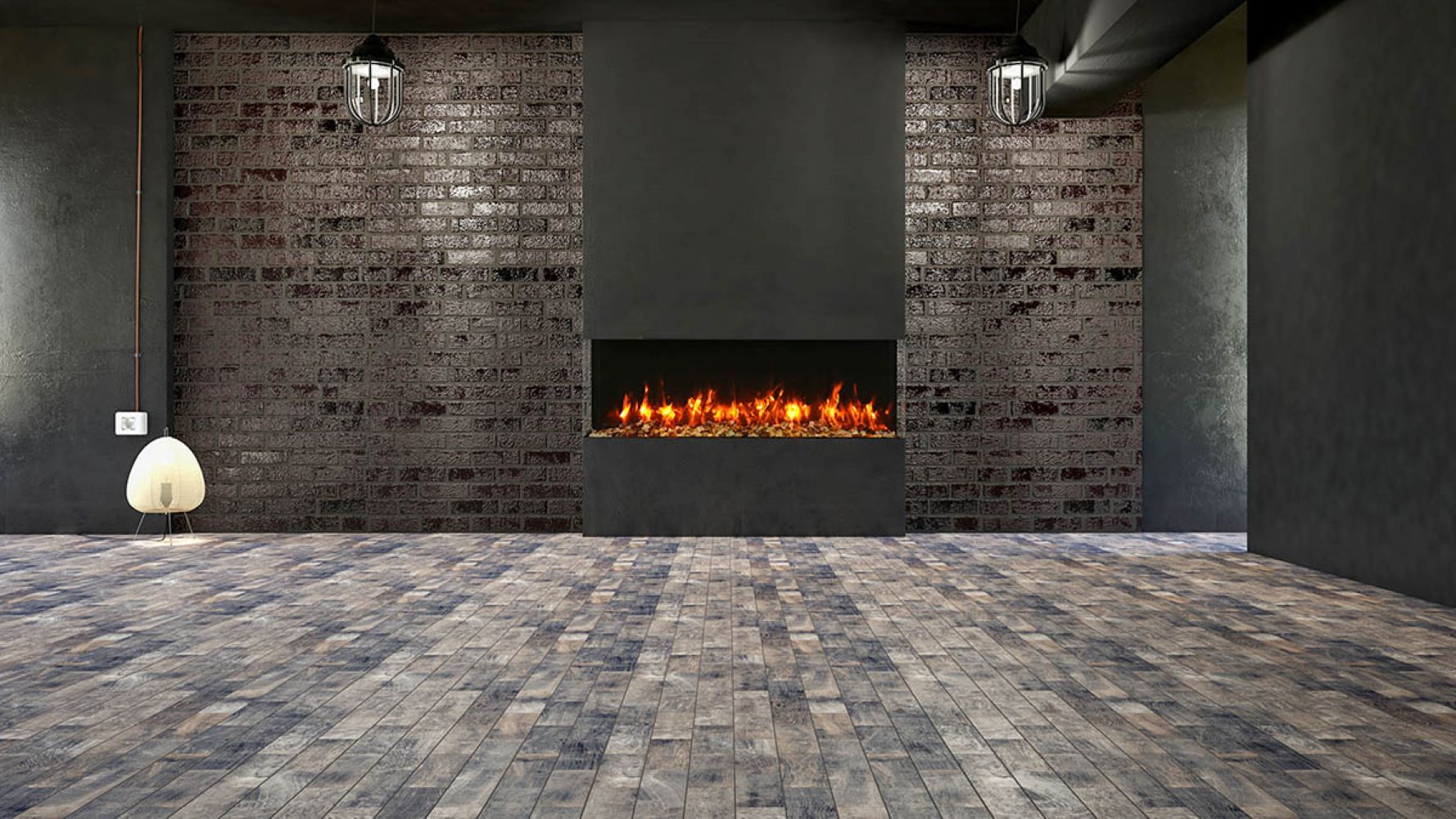 Amantii Tru-View 60" Three Sided Slim Glass Electric Fireplace -60-TRV-slim-  Lifestyle Brick Wall