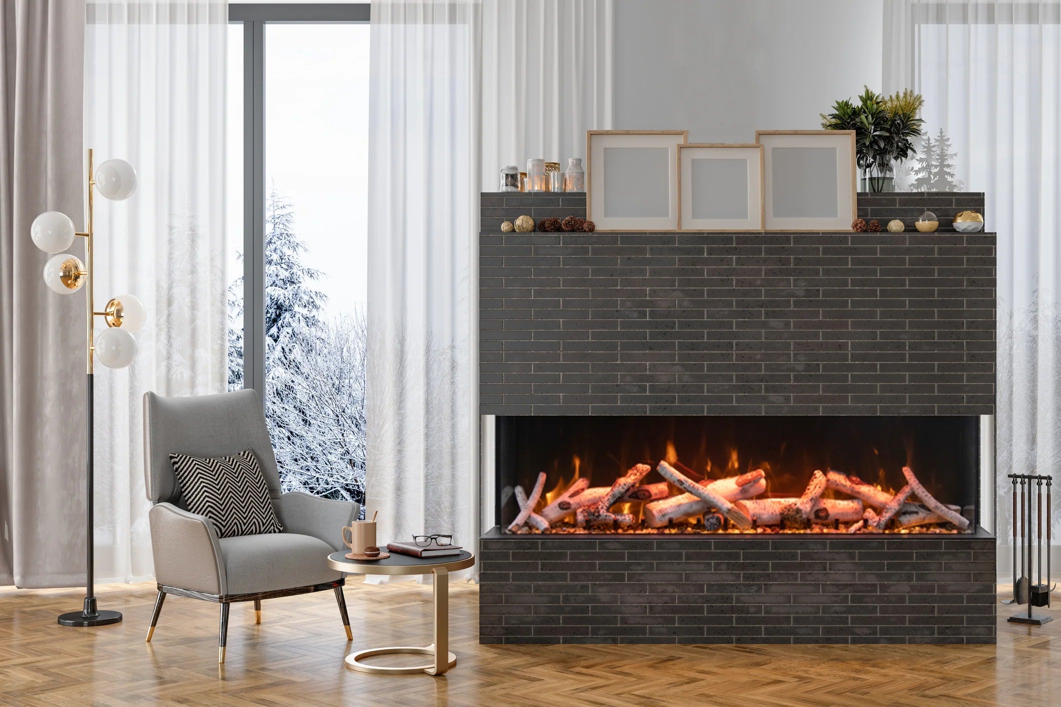 Amantii Tru-View XL Deep 50" Built-In Three Sided Electric Fireplace -50-TRU-VIEW-XL-DEEP- Lifestyle Living Room With Brick Fireplace