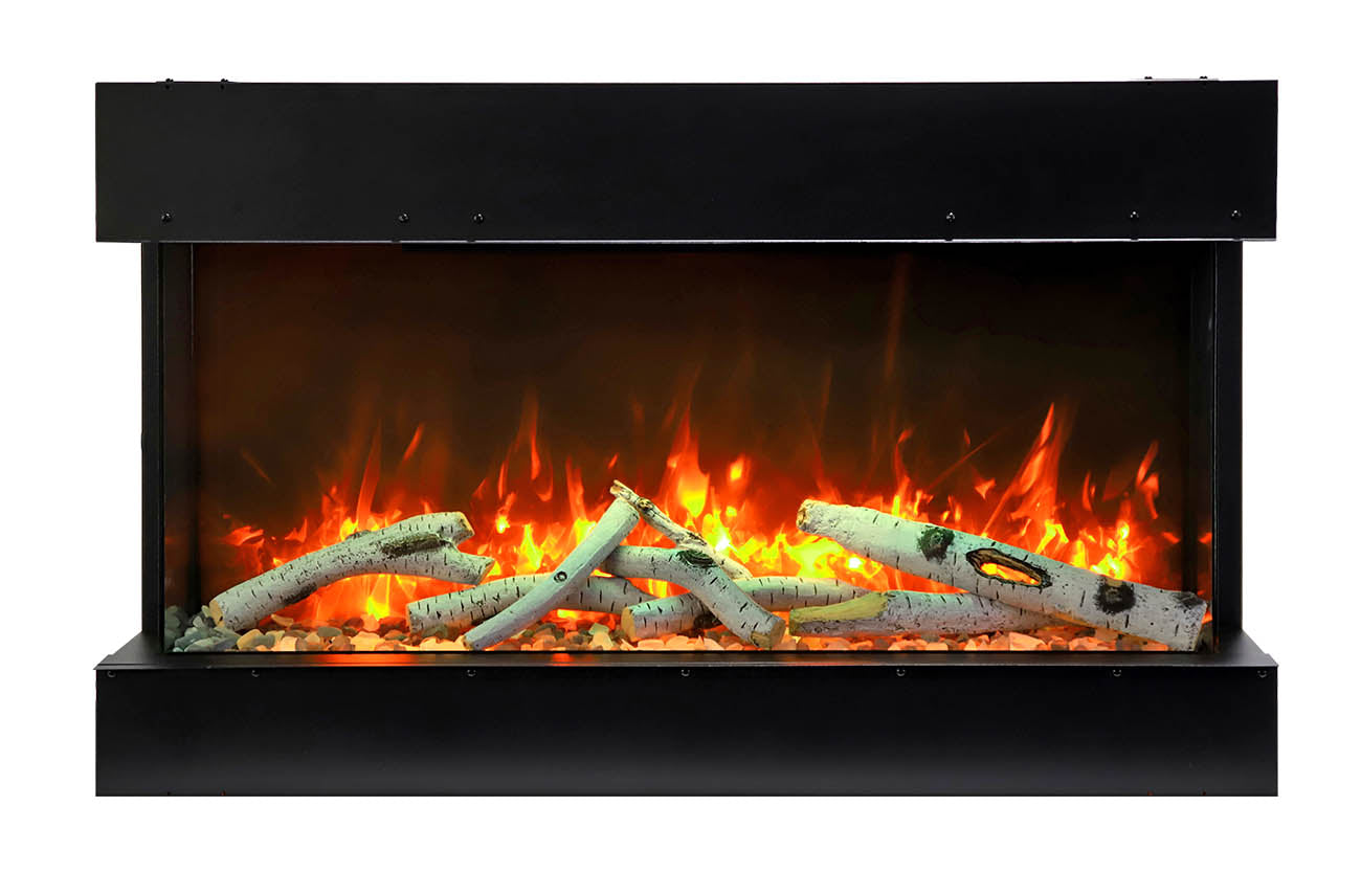 Remii by Amantii 72" BAY-SLIM Series 3 Sided Glass Electric Fireplace- 72-BAY-SLIM- Front View With Birch Log Orange Flame