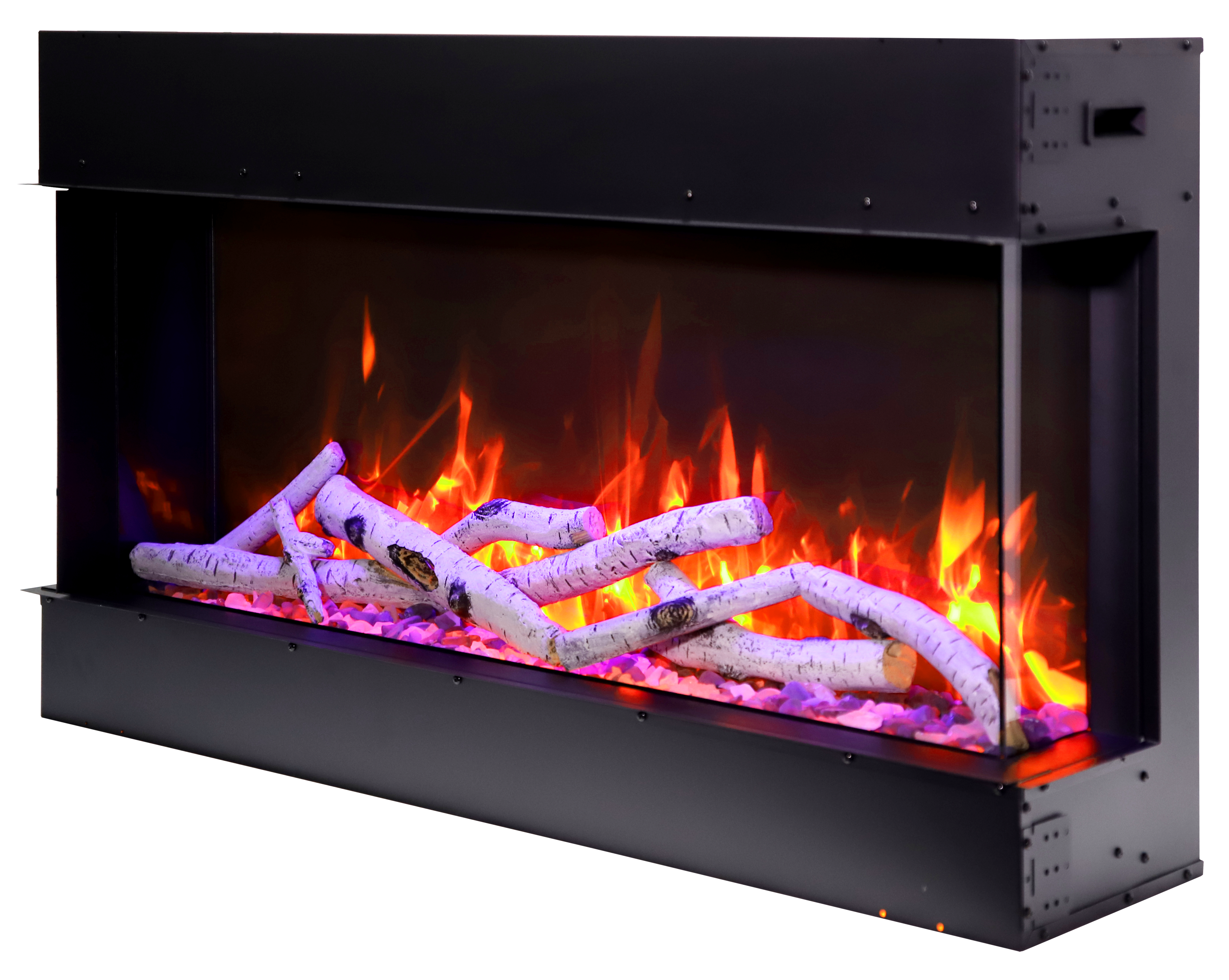 Remii by Amantii 50" BAY-SLIM Series 3 Sided Glass Electric Fireplace-50-BAY-SLIM- Left View With Birch Log Red Flame