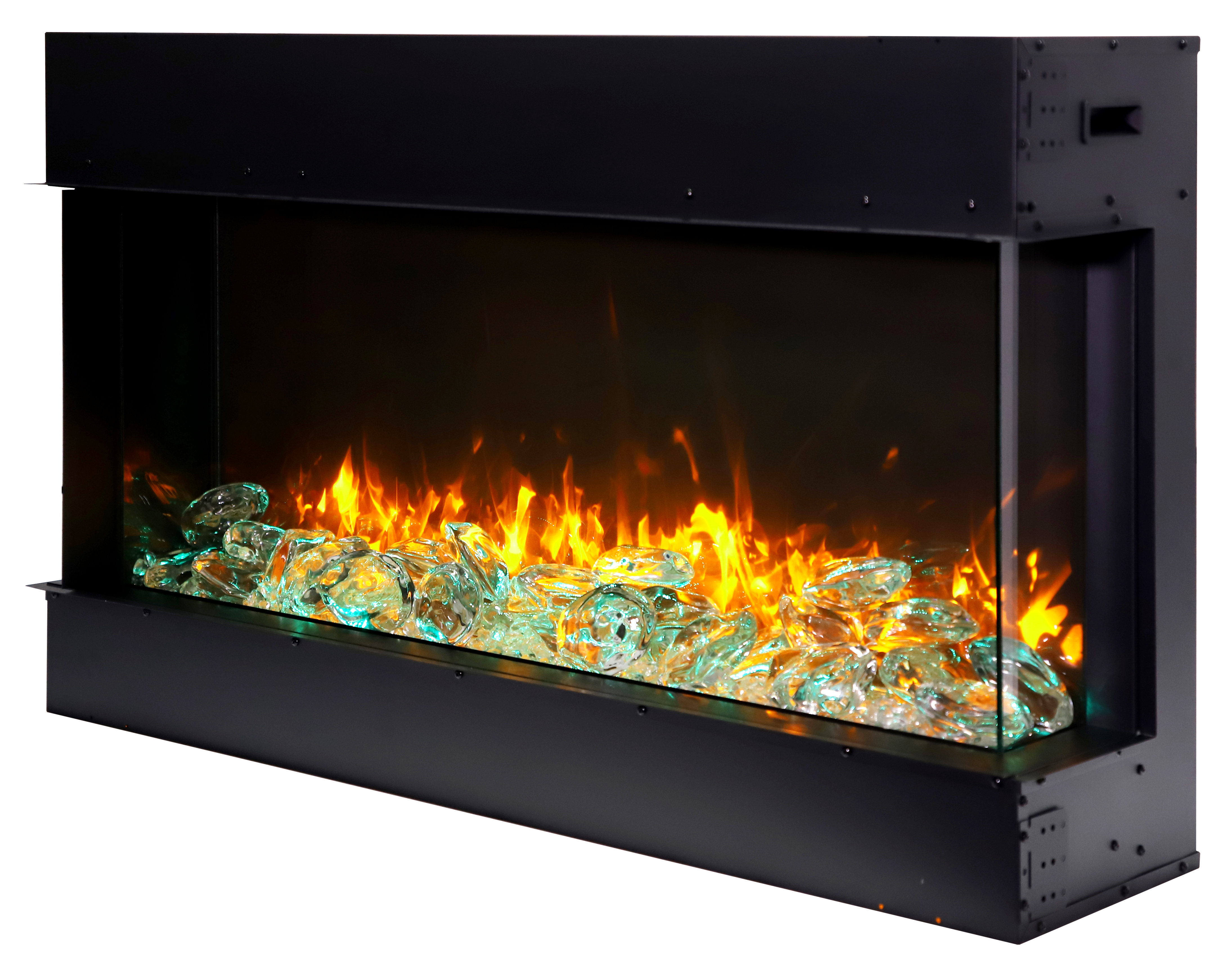 Remii by Amantii 50" BAY-SLIM Series 3 Sided Glass Electric Fireplace-50-BAY-SLIM- Left View With Glass Chunks