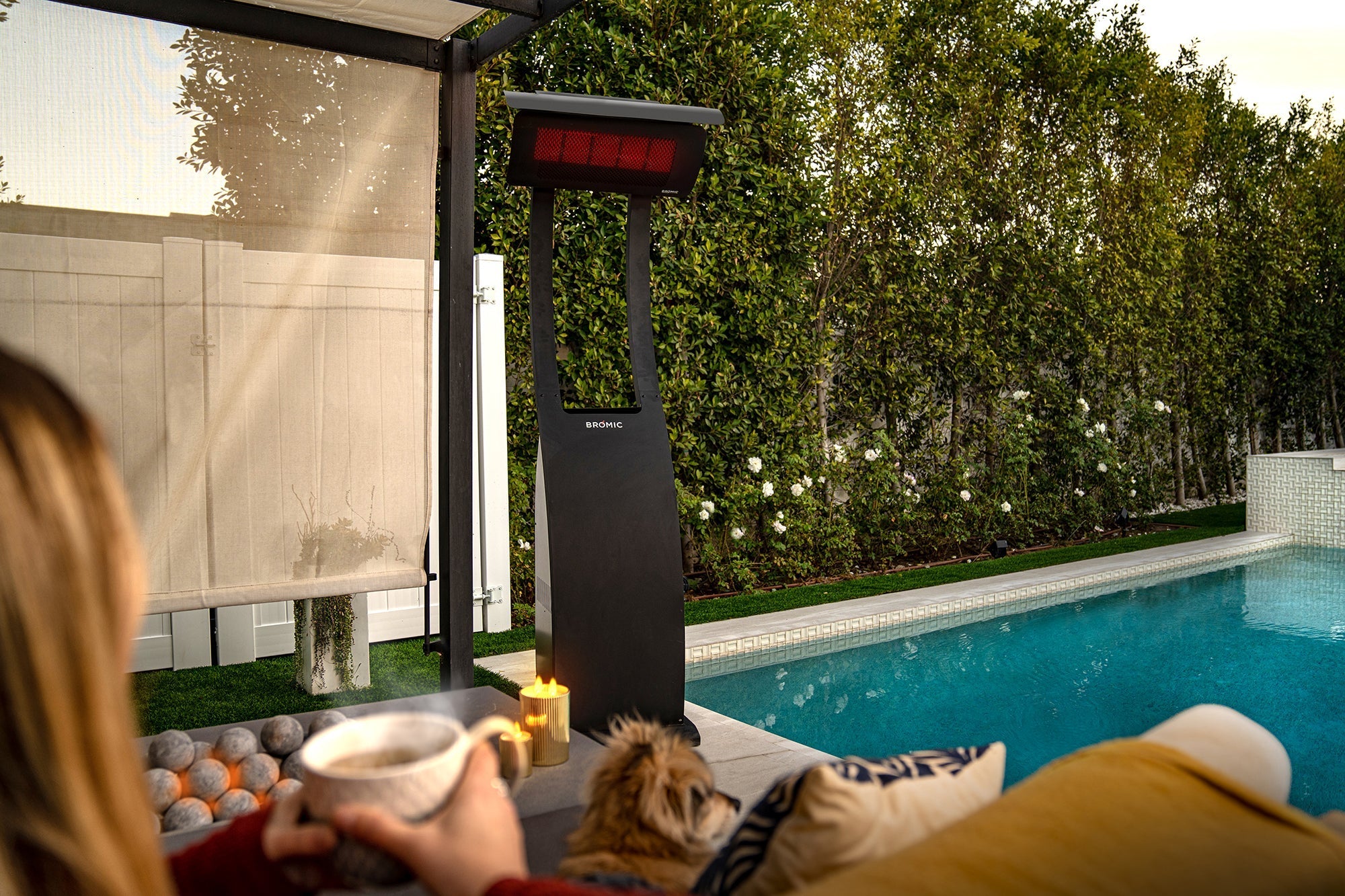 Bromic Tungsten Smart-Heat™ Portable Radiant Heater -5 Burner- Lifestyle Patio With Pool