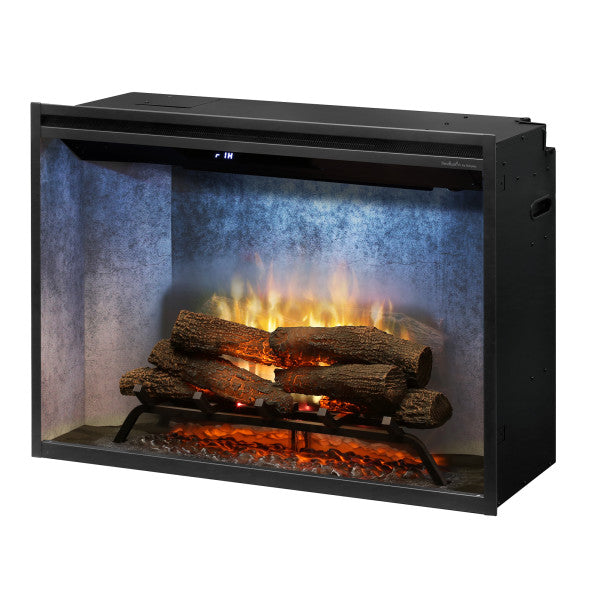 Dimplex Revillusion® 36" Built-In Firebox, Weathered Concrete -X-RBF36WC- Left View With Blue Flame