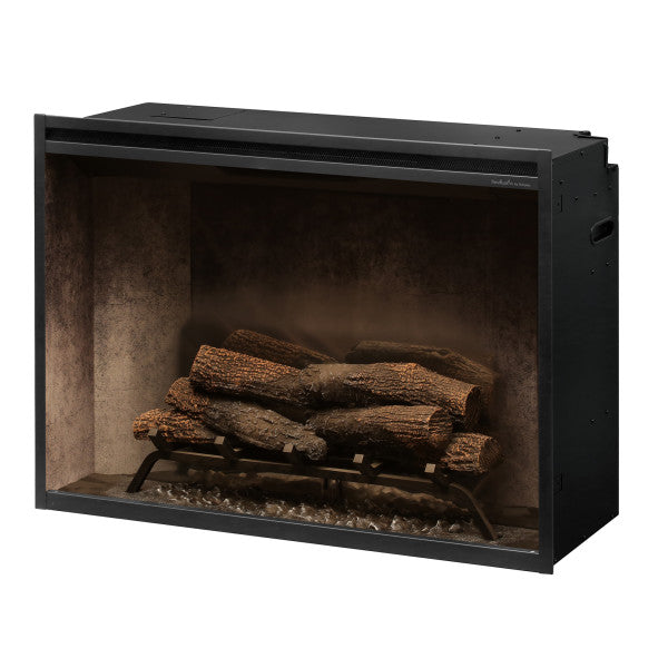 Dimplex Revillusion® 36" Built-In Firebox, Weathered Concrete -X-RBF36WC- Left View With Logs
