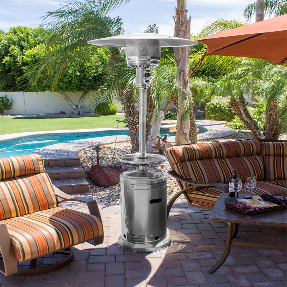 Hiland 87" Tall Outdoor Patio Heater with Table- Stainless Steel- HLDS01-BST- Lifestyle Pool
