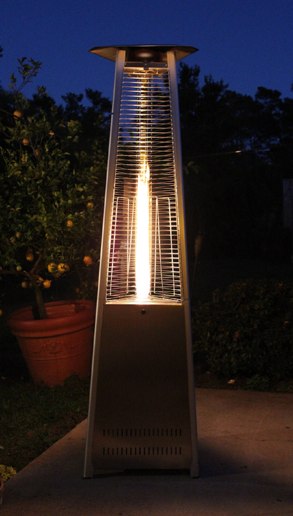 Hiland 94" Tall Commercial Triangle Glass Tube Heater -Stainless Steel- Lifestyle Outdoor