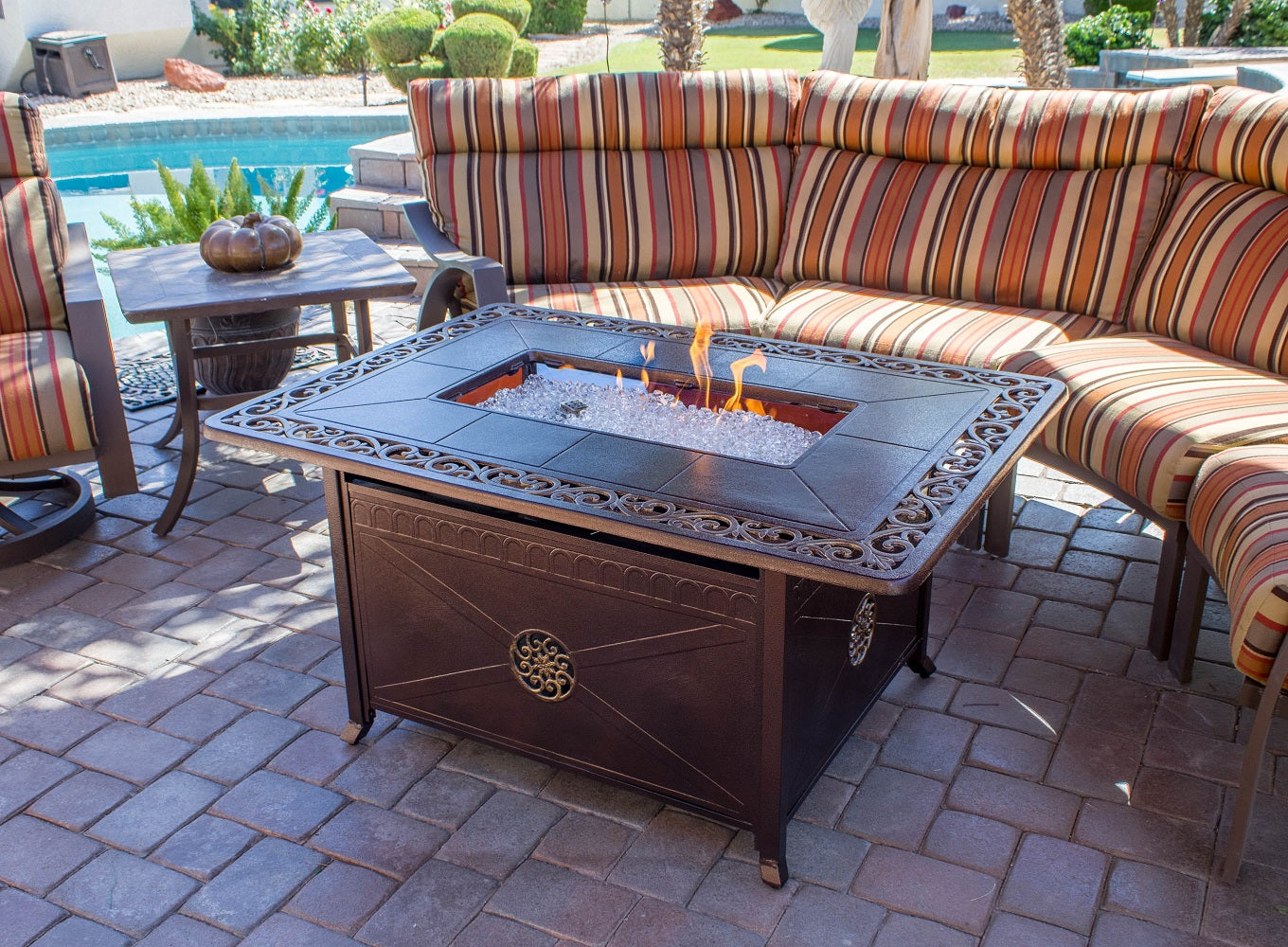 Hiland Decorative Firepit with Scroll Design-FS-1212-T-10- Lifestyle Patio With Lid Opem