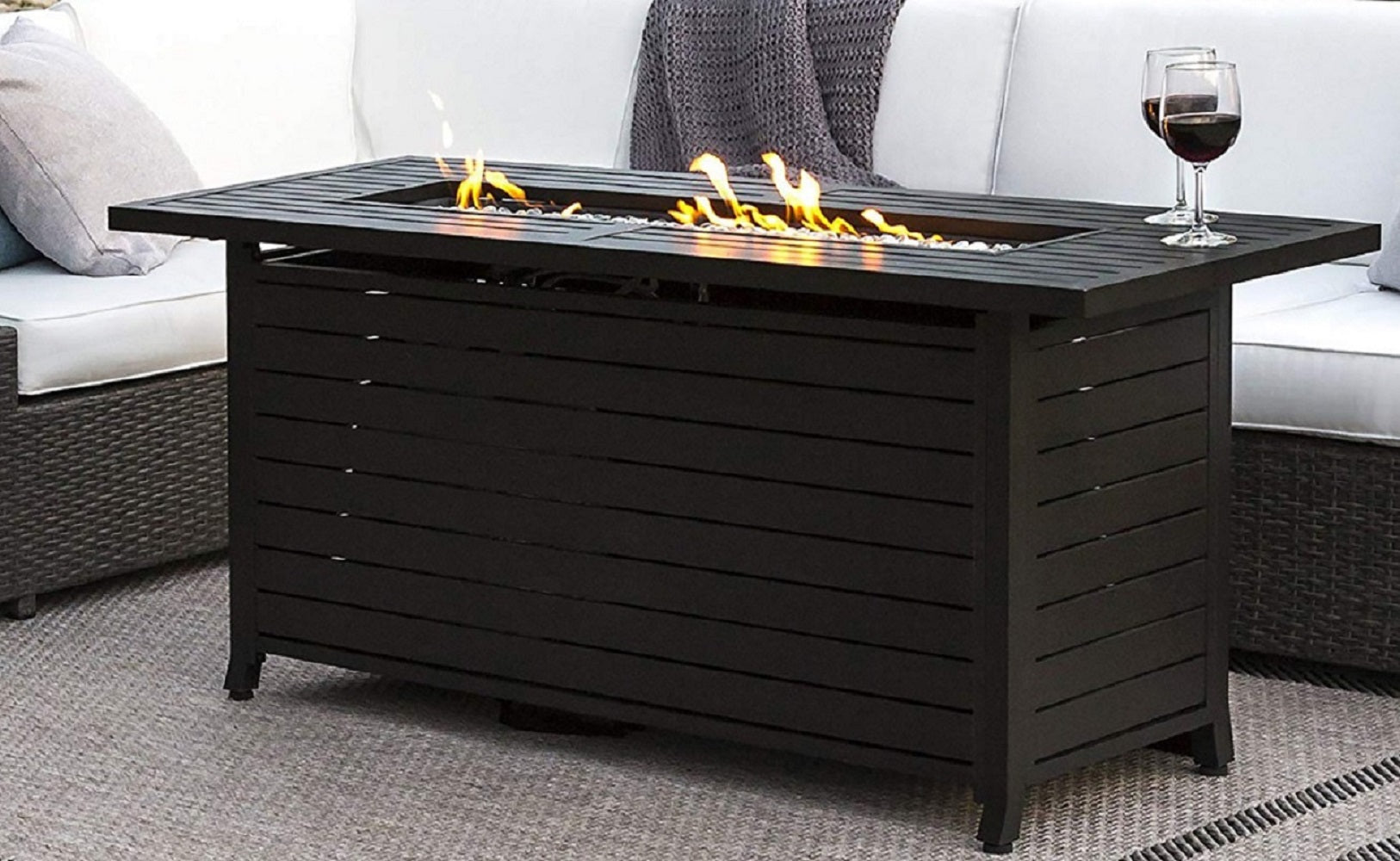 Hiland Finish Aluminum Rectangular Fire Pit With Wind Screen- Black Mocha - AFP-RT-WS- Lifestyle Patio